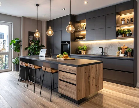 Matte black kitchen with oak island and Edison pendants