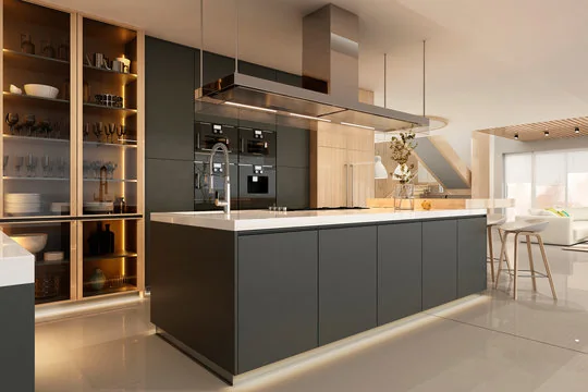 Modern dark kitchen remodel with glass display cabinets and a stainless island hood in Beverly Hills